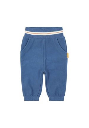 Blaue Baumwoll-Hosen für Kleinkinder mit einem gerippten Bund, der weiße und orangefarbene Streifen aufweist. Mit zwei Seitentaschen und einem kleinen Etikett.