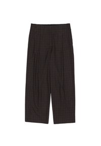 Pantaloni marrone scuro con un motivo a scacchi blu, caratterizzati da una parte frontale plissettata e un taglio dritto.