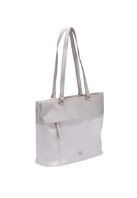 Sac fourre-tout blanc et argent avec deux longues poignées, présentant une texture lisse et une poche zippée à l'avant.