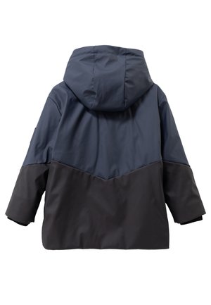 Veste imperméable avec capuche à design bicolore ; partie supérieure bleu marine foncé et partie inf�érieure noire ; texture lisse et mate.