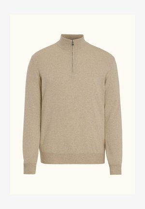 Beige langærmet strikket sweater med halvlynlåskrave og ribstrikkede manchetter og kant.