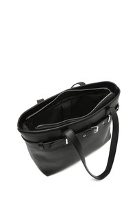 Black leather tote bag with a structured shape, top zip closure, silver hardware accents, and an interior lining in black fabric.