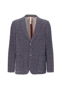 Blazer blu navy in tessuto a trama, dotato di due tasche frontali, rever a punta e chiusura a due bottoni con una striscia interna a contrasto.