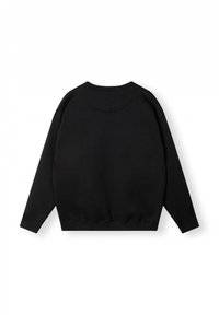 Schwarzer Kapuzenpullover mit langen Ärmeln, rundem Halsausschnitt und lässigem Schnitt. Aus weichem Stoff gefertigt, mit gerippten Bündchen und Saum. Schlichtes Design.
