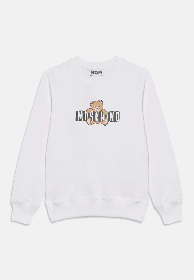 Λευκό φούτερ από βαμβάκι με μεγάλο τυπωμένο σχέδιο αρκούδας και το κείμενο "MOSCHINO" σε μαύρο και μπεζ. Ριμπ τελείωμα στα μανίκια και τη μέση.