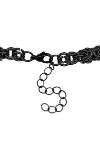 Zwarte metalen keten met onderling verbonden ronde schakels, voorzien van een sluiting en een verlenging van kleinere ronde schakels. Heren met een gladde textuur.