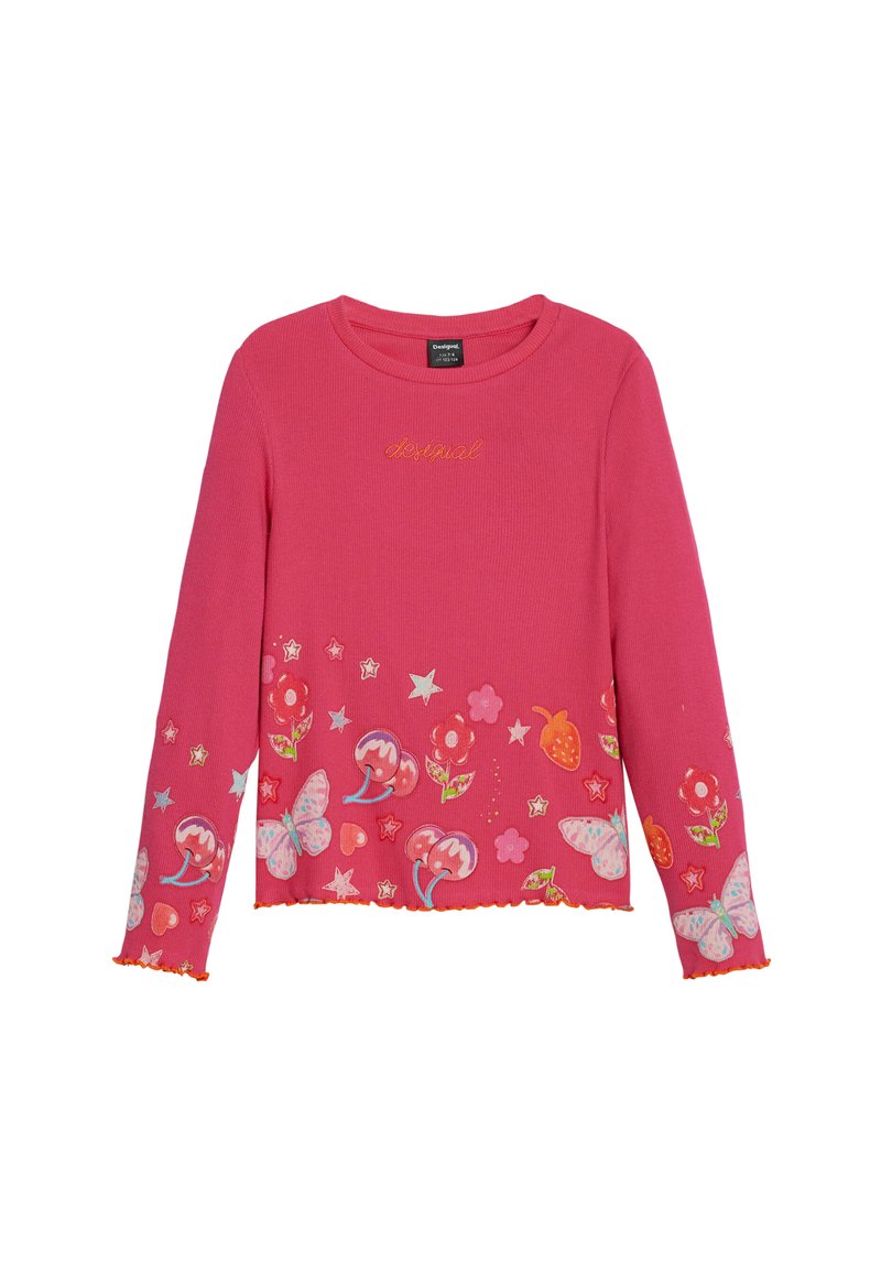Rosa Langarmshirt mit gerippter Textur, verziert mit floralen und Schmetterlingsmustern sowie dem gestickten "desigual"-Text in der Nähe des Ausschnitts.