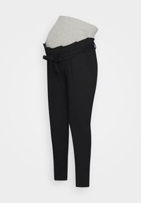 Black maternity trousers with a tie waist, featuring a soft, stretchy waistband and two side pockets, designed for comfort and ease.