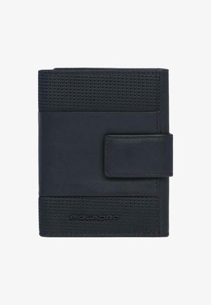 Portafoglio nero con una combinazione di tessuto strutturato e pelle liscia. Design pieghevole con chiusura a scatto e logo del marchio in rilievo.