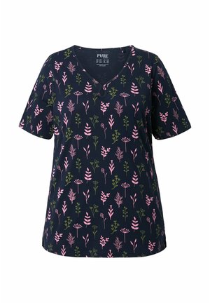 Navy V-Ausschnitt T-Shirt mit kurzen Ärmeln, das ein florales Muster in Pink und Grün auf dunklem Hintergrund zeigt. Hergestellt aus weichem, elastischem Stoff.