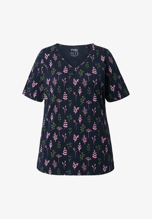 Námořnické tričko s véčkovým výstřihem a krátkými rukávy, s květinovým vzorem v růžové a zelené barvě na tmavém pozadí. Vyrobeno z měkké, elastické látky.