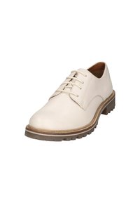 Beiges Leder Schnürschuh mit runder Zehenform, strukturiertem Gummisohle und kontrastierenden Nahtdetails entlang der Kante.