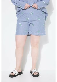 Shorts rayés bleus avec broderie florale verte, fabriqués en tissu doux. Portés avec des sandales blanches dotées d'une semelle noire audacieuse.