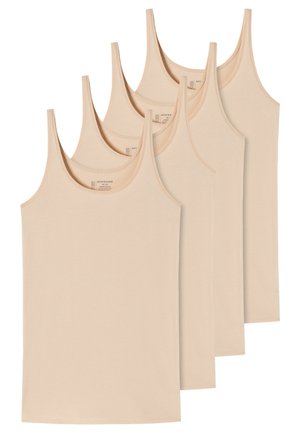 Set von fünf beigen Tanktops aus einem weichen Baumwollmix, mit schmalen Trägern und einem einfachen, klassischen Design. Glatte Textur.