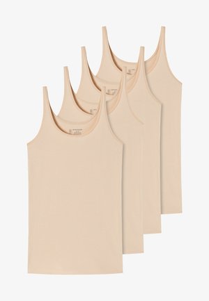 Set von fünf beigen Tanktops aus einem weichen Baumwollmix, mit schmalen Trägern und einem einfachen, klassischen Design. Glatte Textur.