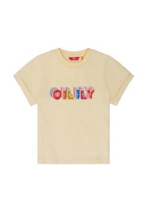 Geel katoenen t-shirt met een meerkleurig "OILILY" tekstontwerp. Korte mouwen met een ronde halslijn en een gladde stoftextuur.