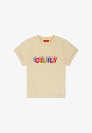Geel katoenen t-shirt met een meerkleurig "OILILY" tekstontwerp. Korte mouwen met een ronde halslijn en een gladde stoftextuur.