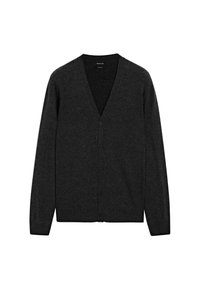 Donkergrijze cardigan met een V-hals en knoopsluiting, weergegeven tegen een effen witte achtergrond.