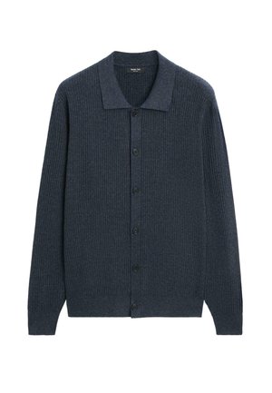 Donkergrijze geribbelde gebreide cardigan met lange mouwen, een kraag en een knoopsluiting aan de voorkant.