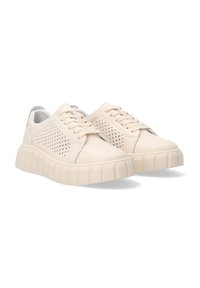 Beige Leder-Sneaker mit durchbrochenen Details an den Seiten, runder Zehenpartie und chunky Gummisohle. Die Schnürsenkel sind zentral platziert.