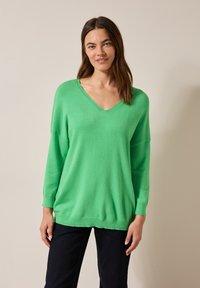 Grüner V-Ausschnitt-Pullover mit langen Ärmeln, aus einem glatten, leichten Strickmaterial gefertigt. Verfügt über einen lässigen Schnitt sowie gerippte Bündchen und Saum.