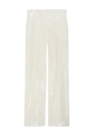 Pantalones amplios blancos con textura de lentejuelas, que cuentan con una cinturilla suave y dos bolsillos frontales. Acabado de tela suave con un efecto brillante.