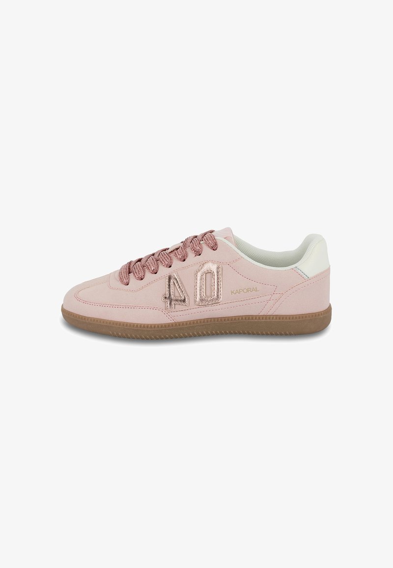 Pink synthetic sneakers with textured laces and embossed number detail on the side. White accents and rubber sole. Casual design.