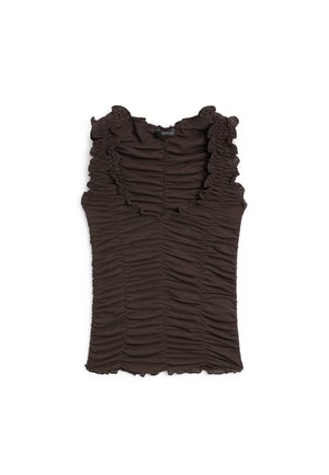 Hnědý bezrukávový top s volánovým dekoltem a nařaseným materiálem po celé ploše. Má přiléhavý střih a texturovaný povrch.