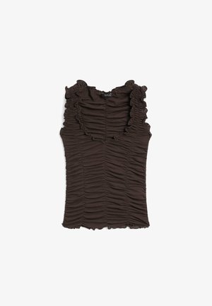 Bruine mouwloze top met een ruches halslijn en geplooide stof door het hele kledingstuk. Heeft een aansluitende pasvorm en een gestructureerd oppervlak.