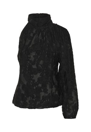 Blusa di pizzo nero con collo alto, motivo floreale e una manica lunga a sbuffo.