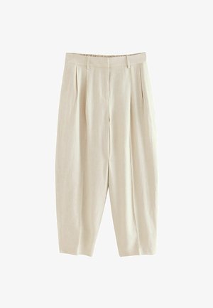 Béžové ľanové nohavice s uvoľneným strihom, so záhybmi vpredu, plochým pásom a skráteným spodným okrajom. Hladká textúra, ľahký materiál.
