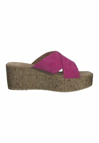 Sandali con zeppa e piattaforma in sughero, caratterizzati da un design a fascia incrociata in suede rosa brillante e una soletta imbottita color nocciola.