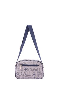 Borsa a spalla blu navy con motivo logo, forma strutturata, accessori in oro e tracolla regolabile. Presenta una tasca con zip sul fronte.