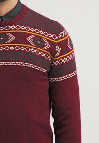 Pull en tricot bordeaux avec un empiècement à motifs comprenant des dessins géométriques crème, verts et jaunes ; col et poignets côtelés.