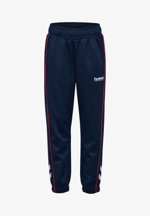 Junge in marineblauem Trainingsanzug mit roten Streifen und weißen Chevron-Logos, schaut nach unten mit den Händen hinter dem Rücken vor einem einfarbigen hellen Hintergrund.