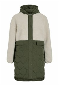Puchowa kurtka z kremowym górnym materiałem typu sherpa oraz oliwkowym, pikowanym dolnym materiałem, z zapięciami na napy i kapturem. Teksturowany i ciepły design.