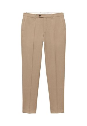 Beige maßgeschneiderte Hose mit glatter Textur, Fronttaschen, einer Knopfverschlus und einer schmalen Passform für eine figurbetonte Silhouette.