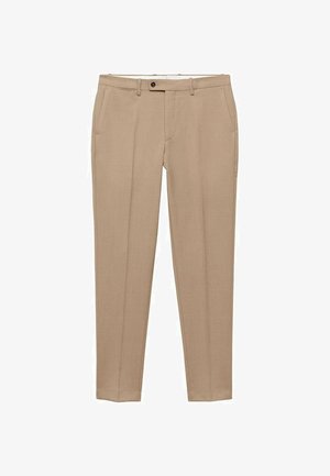 Pantaloni beige su misura, caratterizzati da una texture liscia, tasche frontali, chiusura con un bottone singolo e un design affusolato per una silhouette aderente.
