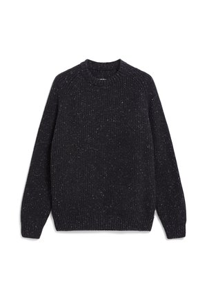 Dunkelgrauer Strickpullover mit Rundhalsausschnitt, gerippten Abschlüssen und gesprenkelter Textur, langen Ärmeln und lässiger Passform.