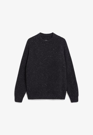 Dunkelgrauer Strickpullover mit Rundhalsausschnitt, gerippten Abschlüssen und gesprenkelter Textur, langen Ärmeln und lässiger Passform.