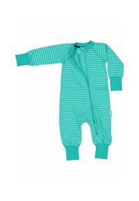 Turkos randig bodysuit med långa ärmar, full dragkedja och elastiska ärmar; tillverkad av mjukt, andningsbart tyg för komfort.