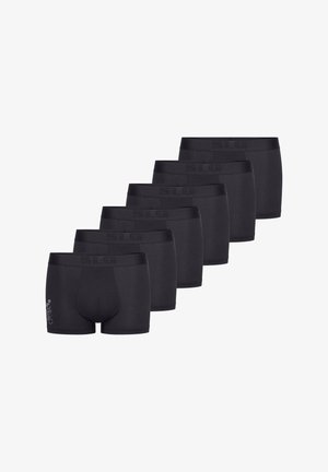 Zwarte boxershorts gemaakt van gladde stof, met een logo op de tailleband en een subtiele afbeelding op één paar. Verpakking van zes.