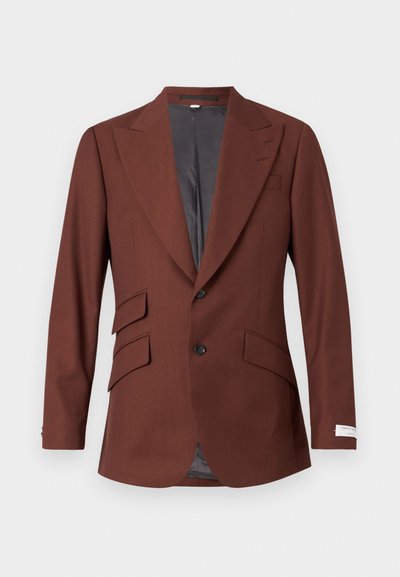 Brauner, taillierter Blazer aus strukturiertem Stoff, mit einem Reverskragen, zwei Fronttaschen und einem einreihigen Knopfverschluss mit Innenfutter.