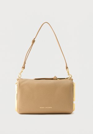 Beige Marc Jacobs leather handbag with adjustable strap and gold-tone hardware accents on corners and clasps.