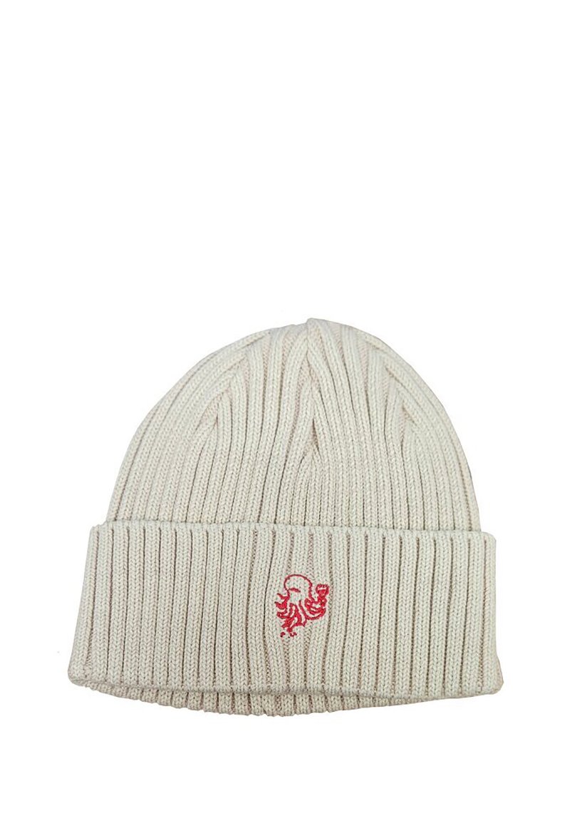 Gorro de punto en beige claro con textura acanalada. Presenta un logotipo de pulpo bordado en rojo en la parte frontal. Diseño con puño doblado.