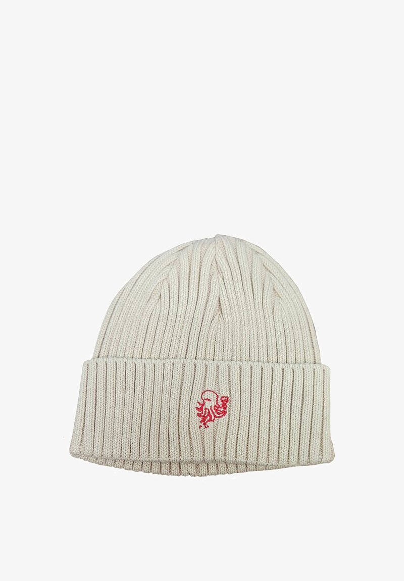 Gorro de punto en beige claro con textura acanalada. Presenta un logotipo de pulpo bordado en rojo en la parte frontal. Diseño con puño doblado.