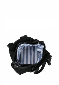 Borsa nera con chiusura a zip, con interno a righe blu e bianche. Materiale liscio e doppi tasche laterali per ulteriore spazio di archiviazione.