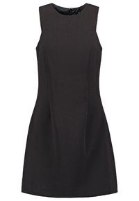 Robe noire sans manches avec un col rond, corps ajusté et jupe évasée. Fabriquée en tissu lisse avec une fermeture éclair discrète au dos.