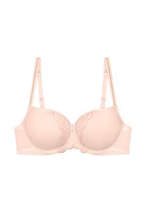 Myk rosa undertrøye med bøyle, justerbare stropper og bølget blonder langs koppene og midten foran.