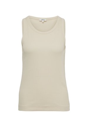 Jasnobeżowy top na ramiączkach z okrągłym dekoltem i szerokimi ramiączkami. Wykonany z prążkowanego materiału, charakteryzuje się prostym, bezszwowym wzornictwem.